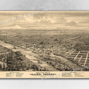 1876 Salem, Oregon Map - Panoramic Old City Map - Historic Birds Eye View Vintage Map Art Print