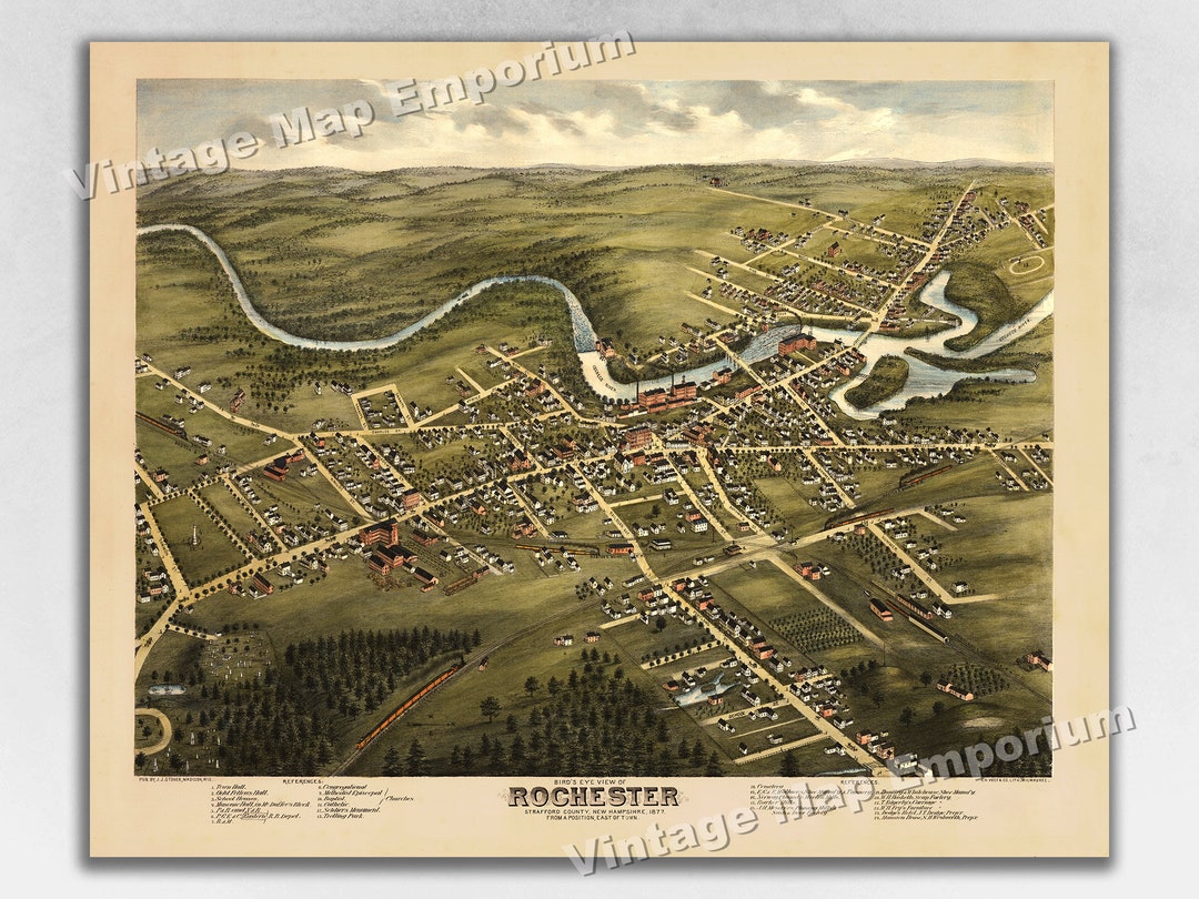 1877 Rochester, New Hampshire Map Panoramic Old City Map Historic Birds 