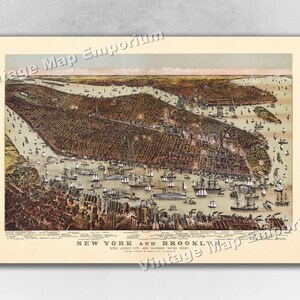 1892 New York City, New York Map - NYC Panoramic Old City Map - Historic Birds Eye View Vintage Map Art Print