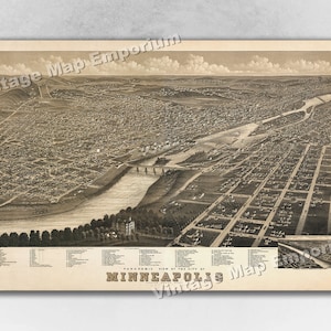 1879 Minneapolis, Minnesota Map - Panoramic Old City Map - Historic Birds Eye View Vintage Map Art Print
