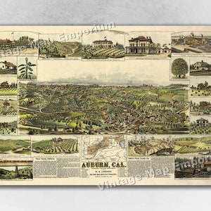May include: An antique map of Auburn, California, showing a bird's-eye view of the town with surrounding orchards and farms. The map is dated 1888 and includes details like the Placer County Courthouse and the Southern Pacific Railroad.