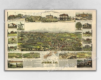 1887 Auburn, California Old Panoramic City Map - Historic Birds Eye View Vintage Map Art Print