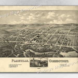 1878 Plainville, Connecticut Map - Panoramic Old City Map - Historic Birds Eye View Vintage Map Art Print