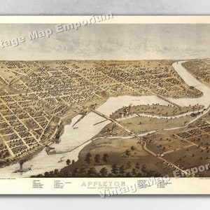 May include: An antique bird's-eye view map of Appleton, Wisconsin, showing the city's layout and surrounding landscape. The map is printed in sepia tones and features a detailed depiction of the Fox River winding through the city.