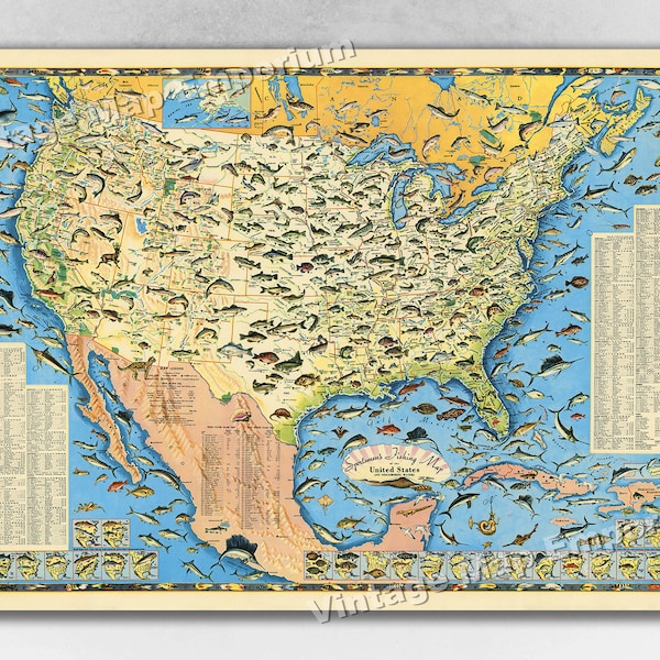Mapa de pesca deportiva de Estados Unidos de 1957 - Impresión artística de pesca, póster, mapa de pared