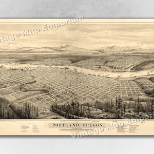 May include: An antique map of Portland, Oregon, showing the city's layout and surrounding landscape. The map is printed in sepia tones and features a detailed view of the city's streets, buildings, and waterways. The text "PORTLAND, OREGON" is printed at the bottom of the map, along with the caption "Looking East from the Cascade Mountains."