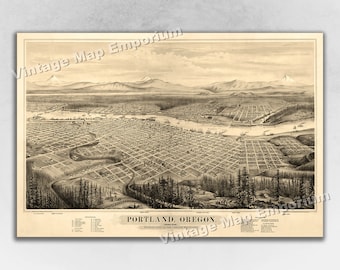May include: An antique map of Portland, Oregon, showing the city's layout and surrounding landscape. The map is printed in sepia tones and features a detailed view of the city's streets, buildings, and waterways. The text "PORTLAND, OREGON" is printed at the bottom of the map, along with the caption "Looking East from the Cascade Mountains."