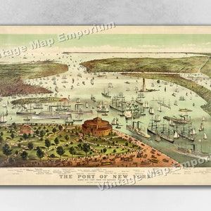 1892 Port of New York City, New York Map - NYC Panoramic Old City Map - Historic Birds Eye View Vintage Map Art Print