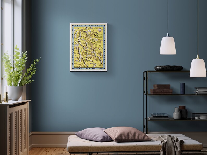 May include: A vintage map of the Yosemite Valley, California, with a yellow background and blue and black details. The map shows the location of various landmarks, including Yosemite Falls, Half Dome, and El Capitan. The text "Yosemite Valley" is printed in a blue banner at the top of the map.