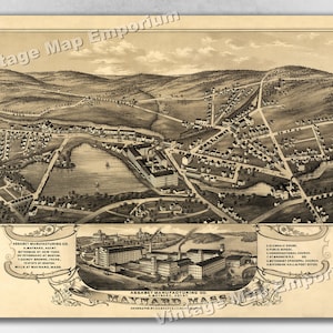 May include: An antique map of Maynard, Massachusetts, showing the town's layout and surrounding landscape. The map features a detailed view of the Assabet Manufacturing Company, with its mills and buildings. The map also includes a key with various landmarks, including the Glebe House, Public School, and Congregational Church.