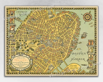 1929 Map of Old Boston Historic Vintage Style Wall Map Art Print