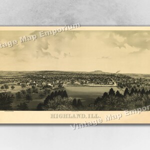 1894 Highland, Illinois Map - Panoramic Old City Map - Historic Birds Eye View Vintage Map Art Print