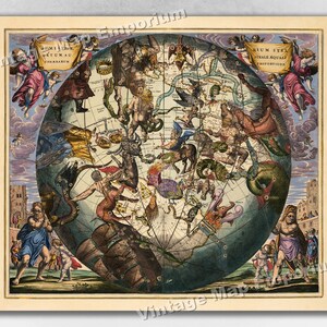 May include: A vintage celestial map with a detailed illustration of the constellations. The map is surrounded by a border of angels and mythical creatures. The text on the map reads "Coeli Stellati Naturalis Figurae, Straeque Aequales Proportione".