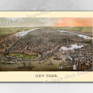 1873 New York City, New York Map - NYC Panoramic Old City Map - Historic Birds Eye View Vintage Map Art Print