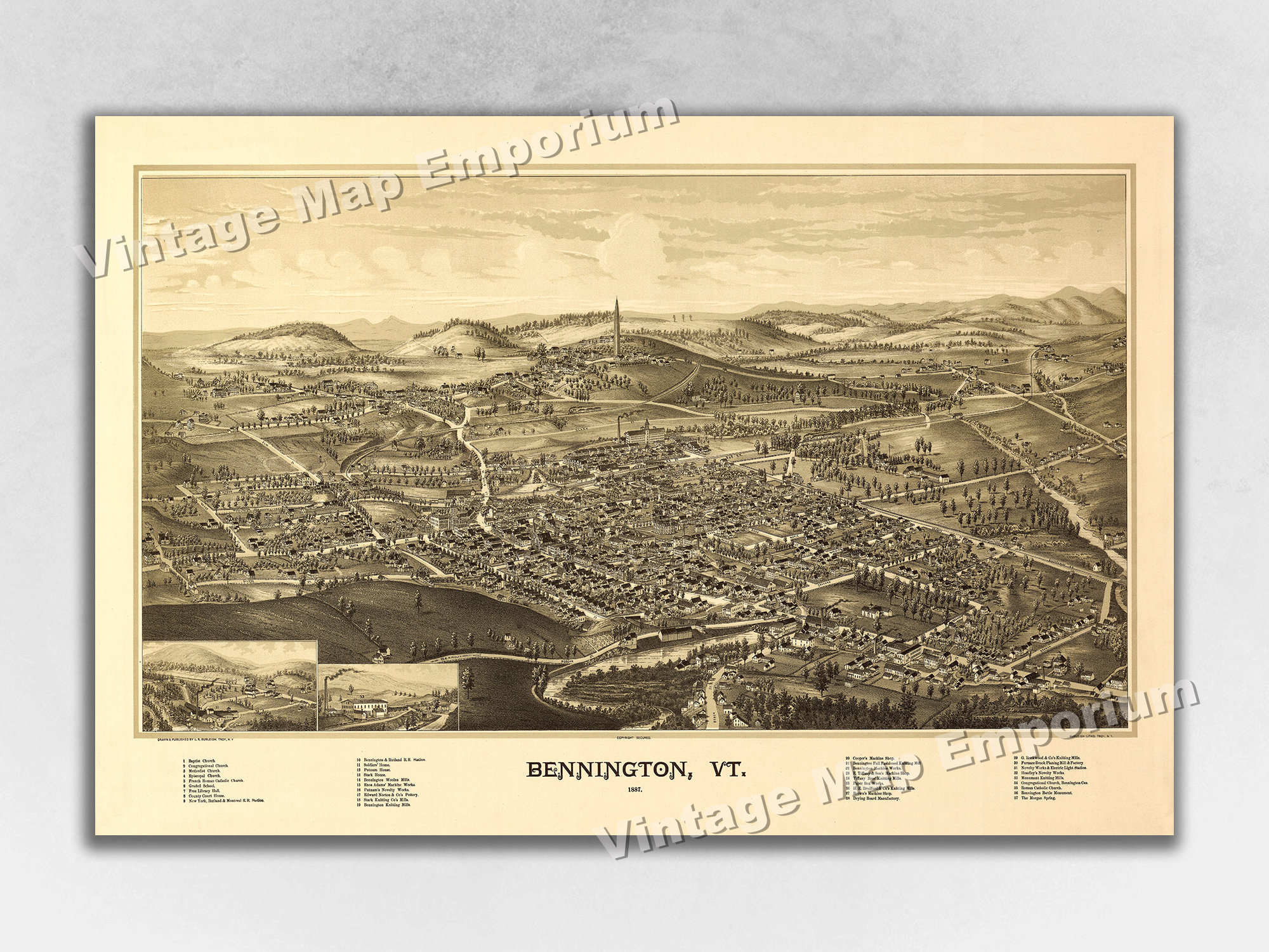1887 Bennington, Vermont Map - Panoramic Old City Map - Historic Birds Eye View Vintage Map Art Print