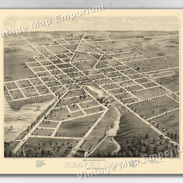 1867 Beaver Dam, Wisconsin Map - Panoramic Old City Map - Historic Birds Eye View Vintage Map Art Print