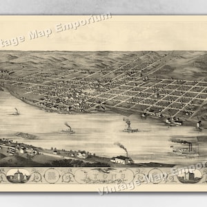 1868 Lyons, Iowa Map - Panoramic Old City Map - Historic Birds Eye View Vintage Map Art Print