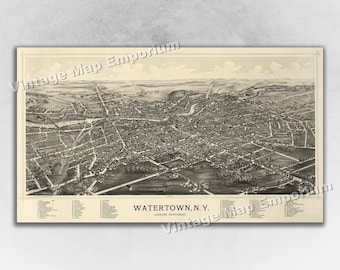 1891 Watertown, New York Map - Panoramic Old City Map - Historic Birds Eye View Vintage Map Art Print