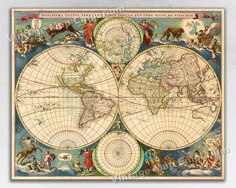 May include: A vintage world map print with intricate details and vibrant colors. The map features continents, oceans, and illustrations of mythological figures. The title "NOVISSIMA TOTIUS TERARUM ORBIS TABULA. AUCTORE NICOLAO VISSCHER" is displayed at the top.