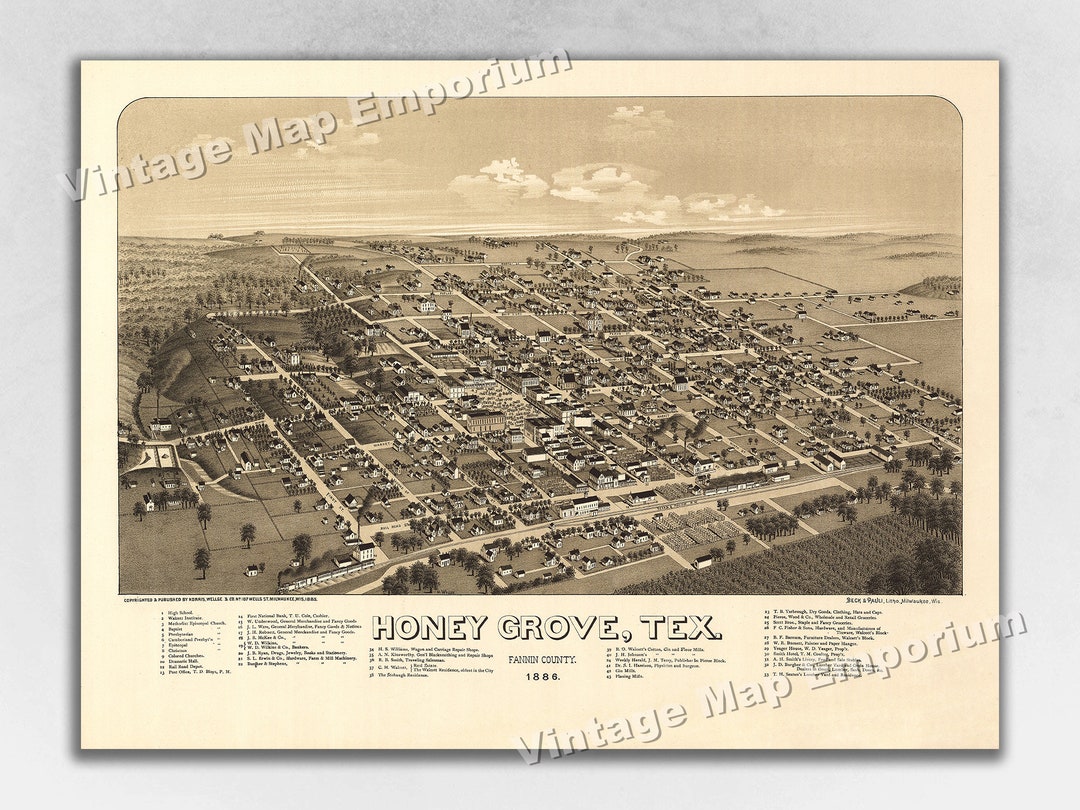 1886 Honey Grove, Texas Map Panoramic Old City Map Historic Birds Eye