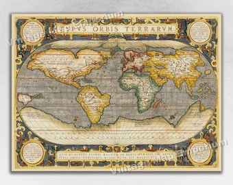 May include: A vintage world map with a detailed illustration of the continents and oceans. The map is surrounded by a decorative border with Latin text. The title of the map is "TYPVS ORBIS TERRARVM."