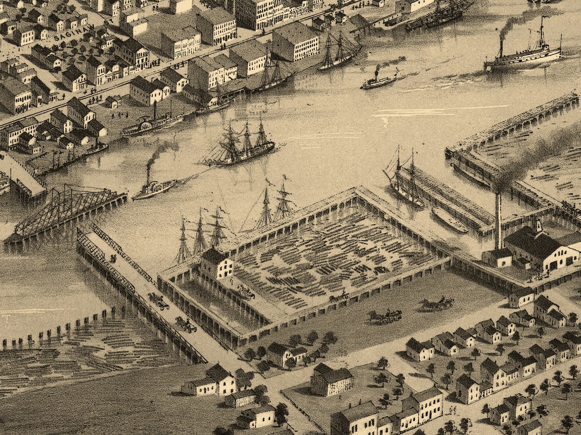 1867 Bay City Portsmouth Michigan Map Panoramic Old City Etsy