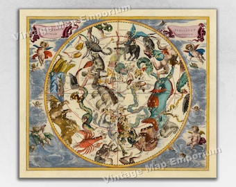 May include: A vintage celestial map with a circular design depicting constellations and zodiac signs. The map is surrounded by a border with the text "STELLATUM ANTIQUUM." The map is illustrated with detailed drawings of the constellations, including a dragon, a crab, and a lion.