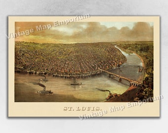 Peut inclure: Une carte ancienne de Saint-Louis, Missouri, montrant la disposition de la ville et le fleuve Mississippi. La carte est de style vintage avec une palette de couleurs délavées et une représentation détaillée des rues et des bâtiments de la ville.