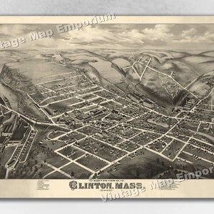1876 Clinton, Massachusetts Map - Panoramic Old City Map - Historic Birds Eye View Vintage Map Art Print