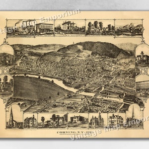 1882 Corning, New York Map - Panoramic Old City Map - Historic Birds Eye View Vintage Map Art Print