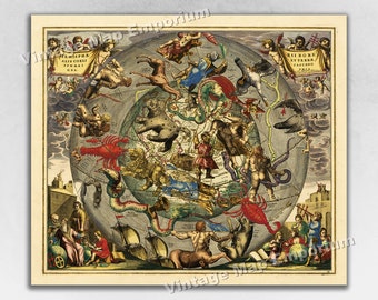 1660 Celestial Map Print Plate 25 - &quot;The Celestial Northern Hemispheres&quot; by Andreas Cellarius - Harmonia Macrocosmica - Vintage Map Print