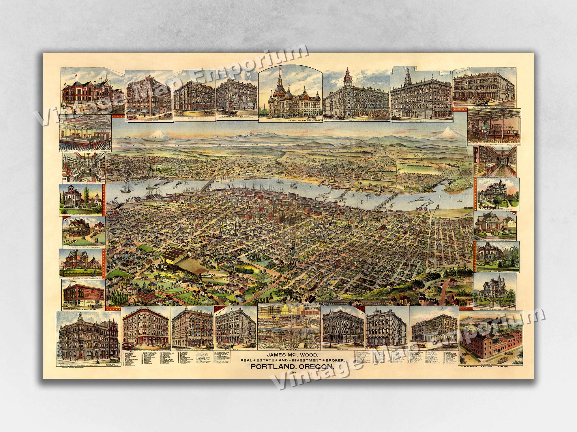 Vintage Portland OR Kaart (1879) Birds Eye Perspectief Atlas Poster - België