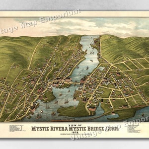 1879 Mystic River, Connecticut Map - Panoramic Old City Map - Historic Birds Eye View Vintage Map Art Print