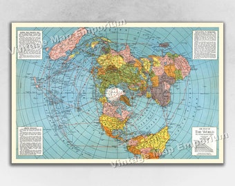 May include: An air map of the world with a blue background and colored continents. The map is centered on the North Pole and shows the world as a circle. The map is surrounded by text and a scale bar.