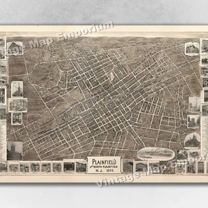 1899 Plainfield, New Jersey Map - Panoramic Old City Map - Historic Birds Eye View Vintage Map Art Print