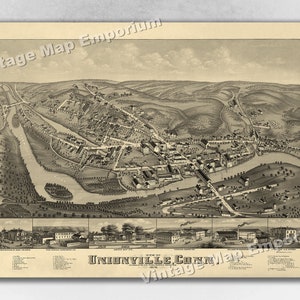 1878 Unionville, Connecticut Map - Panoramic Old City Map - Historic Birds Eye View Vintage Map Art Print