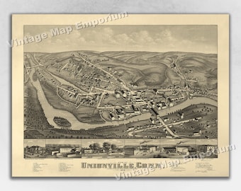 1878 Unionville, Connecticut Map - Panoramic Old City Map - Historic Birds Eye View Vintage Map Art Print
