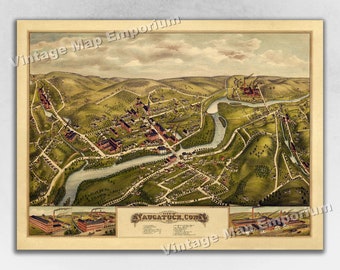 1877 Naugatuck, Connecticut Map - Panoramic Old City Map - Historic Birds Eye View Vintage Map Art Print