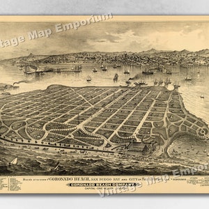 1880s Coronado Island, San Diego, California Old Panoramic City Map - Historic Birds Eye View Vintage Map Art Print