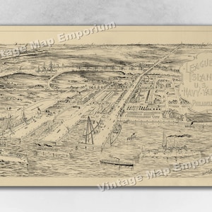 May include: An antique map print of League Island U.S. Navy Yard in Philadelphia. The black and white illustration shows the naval yard with ships, buildings, and surrounding landscape. Text includes "League Island U.S. Navy Yard Philadelphia".