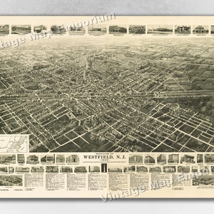 1929 Westfield, New Jersey Map - Panoramic Old City Map - Historic Birds Eye View Vintage Map Art Print