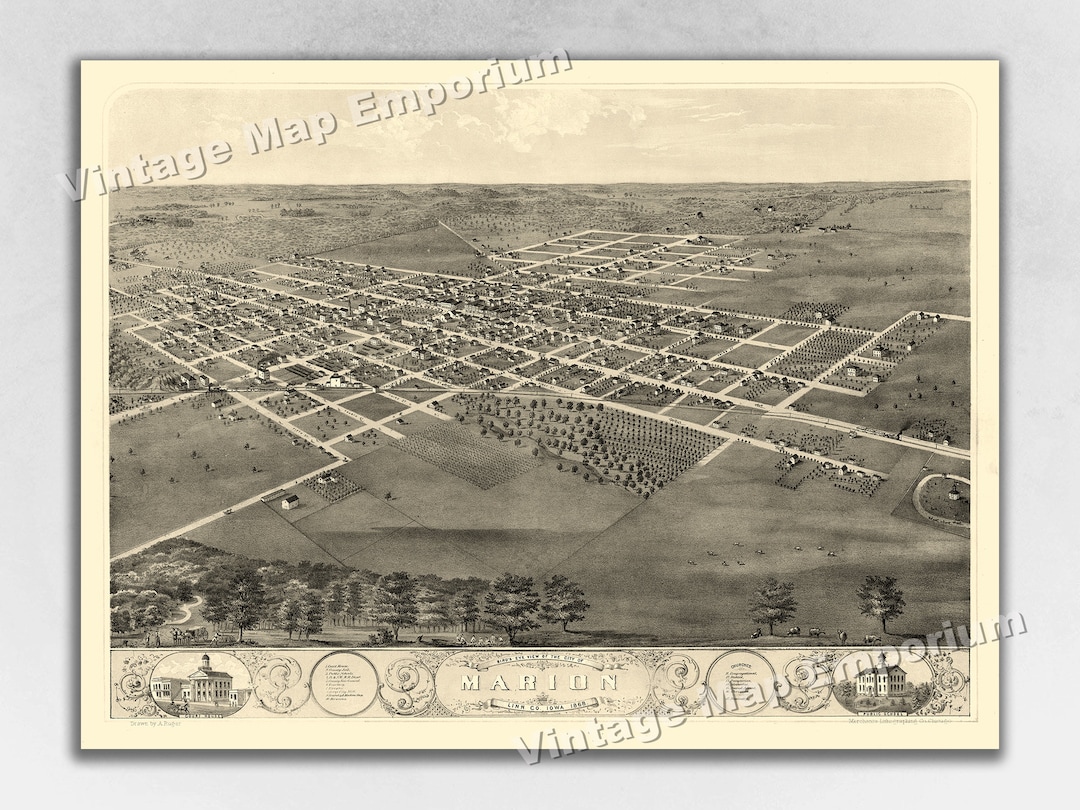 1868 Marion, Iowa Map Panoramic Old City Map Historic Birds Eye View
