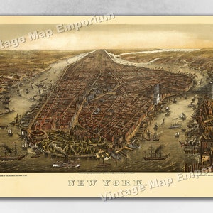 1873 New York City, New York Map - NYC Panoramic Old City Map - Historic Birds Eye View Vintage Map Art Print
