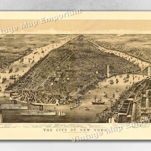 1889 New York City, New York Map - NYC Panoramic Old City Map - Historic Birds Eye View Vintage Map Art Print
