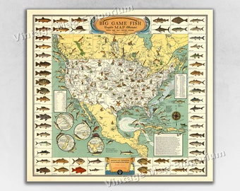 1936 Big Game Fish Map - Complete Illustrated Map - Fresh and Salt Water Fishing Art Print Poster Wall Map