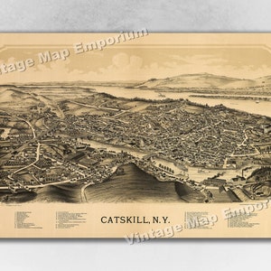 1889 Catskill, New York Map - Panoramic Old City Map - Historic Birds Eye View Vintage Map Art Print