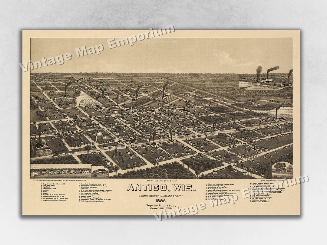 1886 Antigo, Wisconsin Map - Panoramic Old City Map - Historic Birds ...