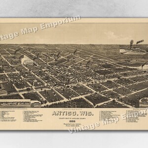1886 Antigo, Wisconsin Map - Panoramic Old City Map - Historic Birds Eye View Vintage Map Art Print