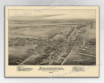 1894 Souderton, Pennsylvania Map - Panoramic Old City Map - Historic Birds Eye View Vintage Map Art Print