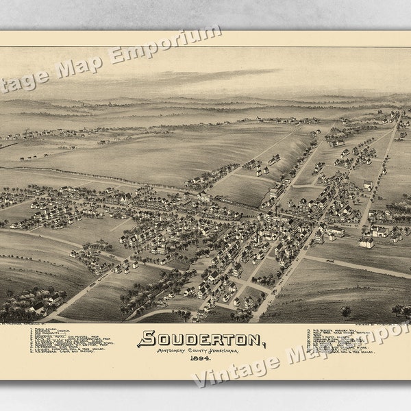 1894 Souderton, Pennsylvania Map - Panoramic Old City Map - Historic Birds Eye View Vintage Map Art Print